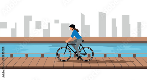 Cityscape cycling: person biking on urban waterfront path with skyline view