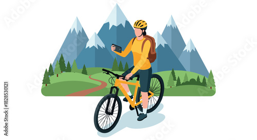 Cyclist exploring scenic mountain trail with smartphone in vibrant flat design