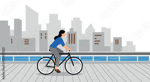 Urban cycling: woman biking on city boardwalk with skyline in background