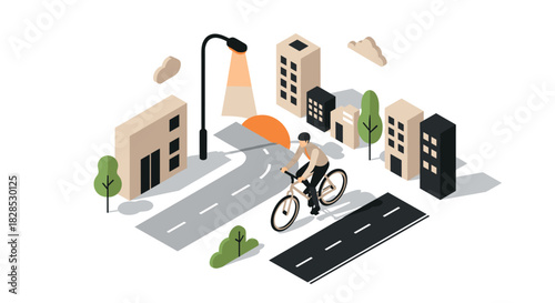 Cyclist navigating isometric urban landscape with minimalist architecture and warm colors