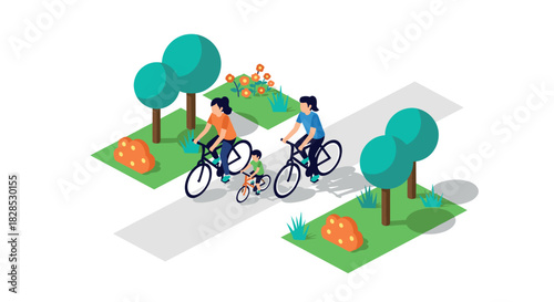 Family cycling on park path with child in isometric design