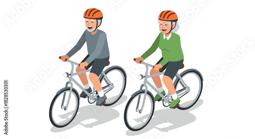 Active seniors cycling: smiling elderly couple enjoying a bike ride together