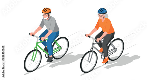 Active seniors cycling together in isometric style on a clear day