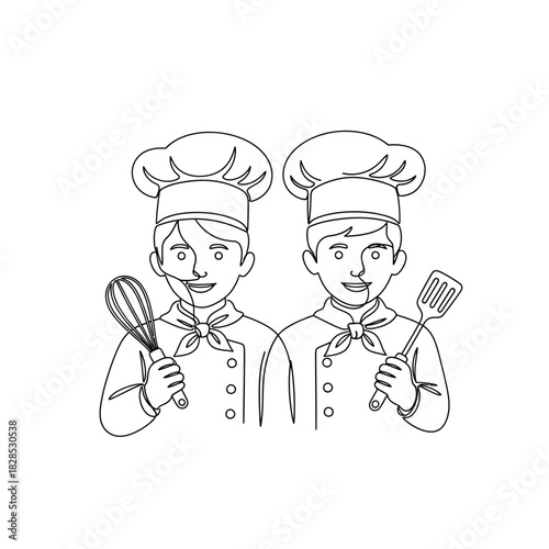 Two chefs in continuous line drawing cook one illustration vector kitchen food restaurant professional uniform hat whisk spatula