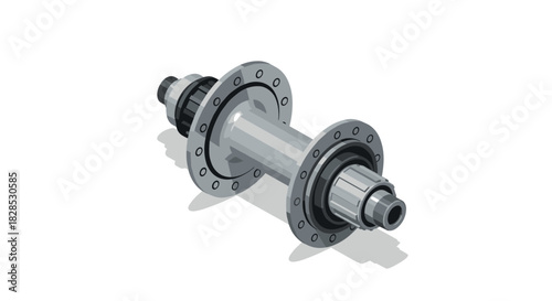 Isometric precision metal machine part with industrial engineering focus