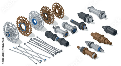 Isometric bicycle gear components: cogs, spokes, and axles in detailed 3d design
