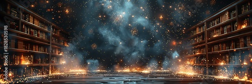 Panoramic View of an Enchanted Library with Mystical Glowing Orbs