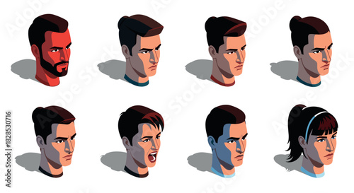 Isometric diverse male and female faces expressing various emotions