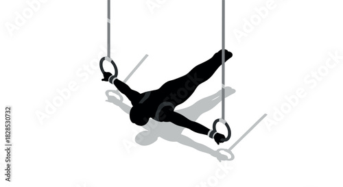 Dynamic gymnast on rings: shadow and form in action sports silhouette