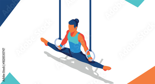 Dynamic isometric gymnast performing on rings in split pose