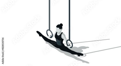Elegant gymnast in split pose on rings with dramatic shadow on white background