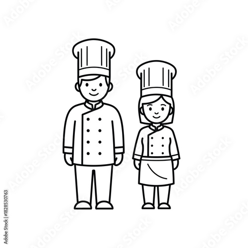 Chef couple outline illustration cook baker restaurant kitchen uniform hat apron male female man woman people profession occupation