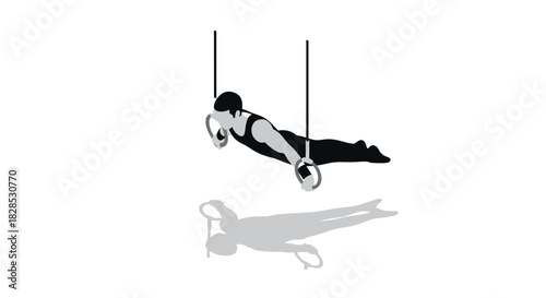 Gymnast performing planche exercise on rings in minimalist design