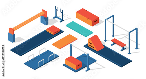 Colorful isometric gym equipment set for outdoor fitness and training concepts