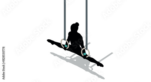 Silhouette of a gymnast performing on gymnastic rings in mid-air split