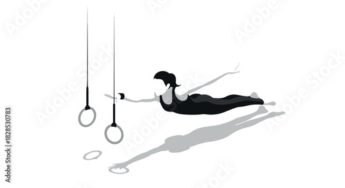 Dynamic aerial acrobat performing with gymnastic rings in silhouette style