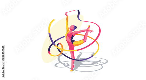 Colorful gymnast ribbon dance in dynamic pose
