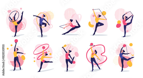 Dynamic female rhythmic gymnastics poses with abstract background elements