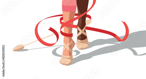 Rhythmic gymnastics dance with ribbon and ballet slippers on white background