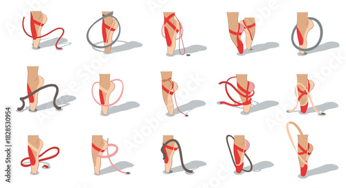 Ballet shoe variations with different ribbon styles on white background