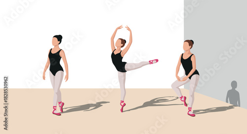 Elegant ballet dancers in minimalist room performing classic poses