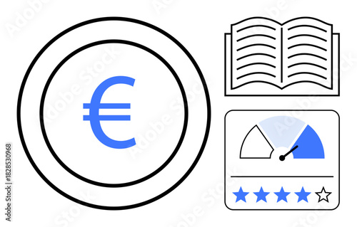 Financial concept. Financial symbols including Euro currency, an outline book, a performance gauge, and a star rating. Financial tools for education, ratings, analysis, e-commerce and management
