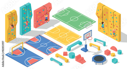 Isometric indoor playground with climbing walls and sports courts