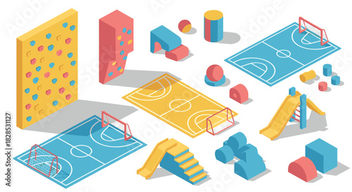 Isometric playground with sports equipment and climbing structures in vibrant colors