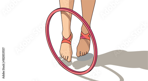 Person balancing with hula hoop on bare feet in minimalist style