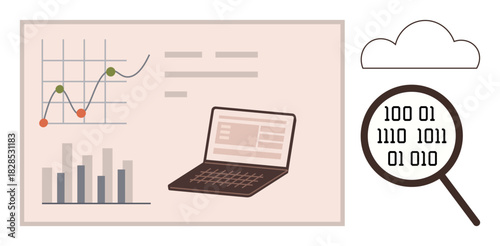 Graph, bar chart, and laptop highlighting data insights, magnifying glass with binary code representing analysis. Cloud symbolizing cloud computing. Ideal for technology, analytics, research