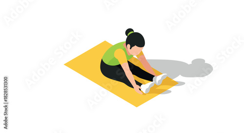 Isometric woman stretching on yoga mat in colorful workout attire