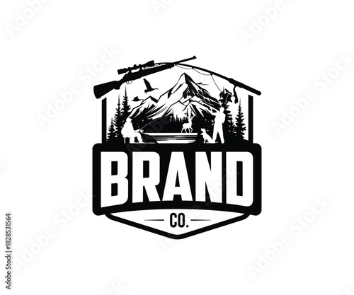 Modern badges for Hunting club and fishing rod logo template