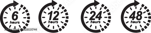 Clock icons showing 6, 12, 24, and 48 hours isolated on, representing time duration and turnaround time for various processes
