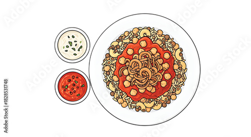 Hearty and flavorful pasta dish served with vibrant dipping sauces