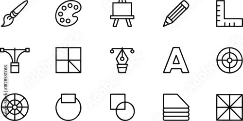 Palette Easel Design Line Canvas Black Design White Pencil Thin Paintbrush Icons