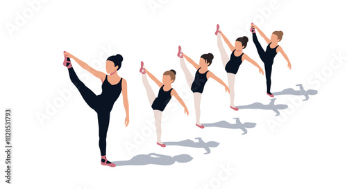 Ballerinas in training: flat design of ballet class with instructor and students