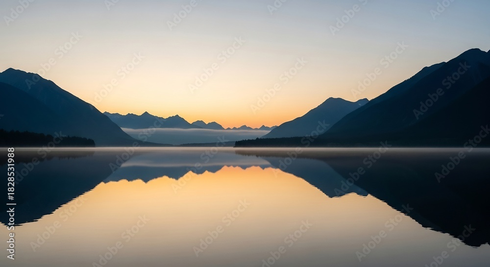 Obraz premium Serene mountain lake reflecting the sky at dawn, a tranquil landscape.