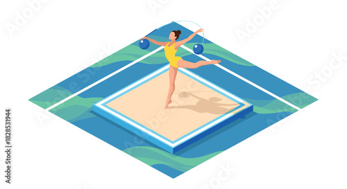 Isometric gymnastics scene with ribbon and hoop on artistic floor