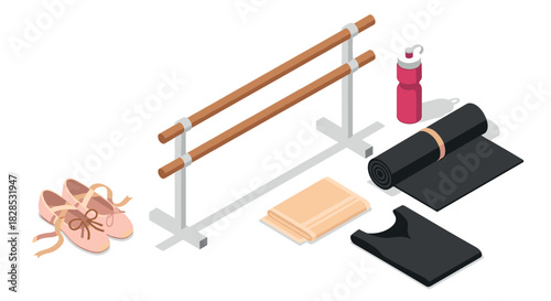 Isometric ballet equipment set: shoes, barre, yoga mat, and accessories