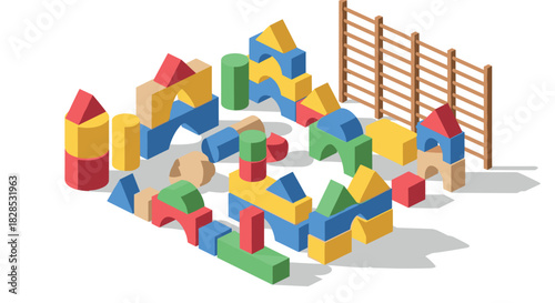 Colorful isometric toy blocks and climbing frame for kids' playroom design