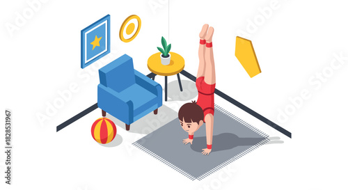 Child in red outfit practicing handstand in modern living room isometric style