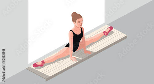 Isometric ballet dancer stretching in gym setting