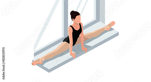 Ballerina practicing splits on windowsill in modern isometric design