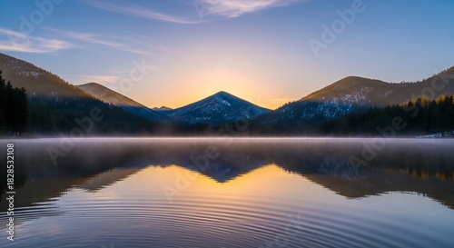 Serene Mountain Lake Reflection at Sunrise - A Tranquil Landscape.