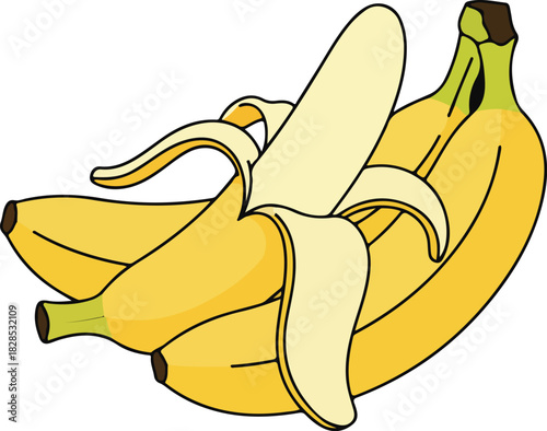 A bunch of ripe yellow bananas, one peeled, isolated on, offering a healthy snack and a tropical fruit delight