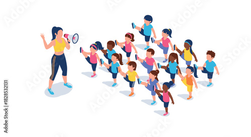 Group fitness class for children with instructor using megaphone in isometric style