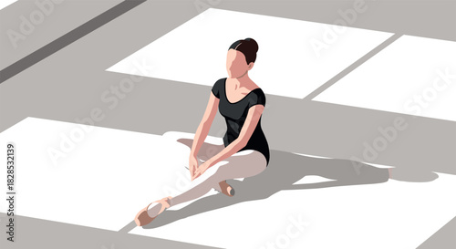 Ballet dancer relaxing in sunlit studio with soft shadows, minimalist art