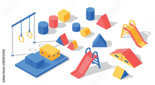 Colorful geometric playground elements in isometric style for kids fun