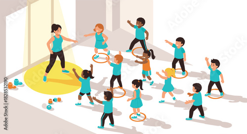 Fun children’s exercise class: group aerobics with instructor in bright studio
