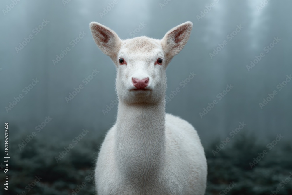 Fototapeta premium Snowy white deer stands majestically in misty forest, embodying